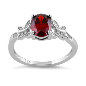 Sterling Silver Double Butterfly Ring Oval Garnet Red Stone CZ Signed 925