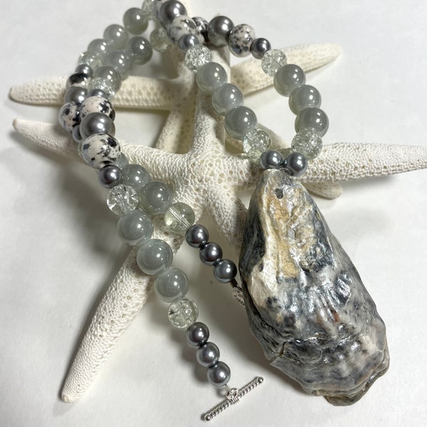 Beaded Seashell necklace, Natural Oyster shell, Beach jewelry, Real shell necklace, Coastal jewelry, Resort Accessory, Feminine Necklace