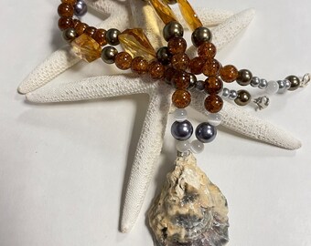 Real Oyster shell necklace with beads, Beach jewelry, Artisan Handmade, Earth Tone jewelry accessory