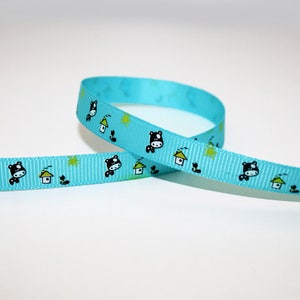 Ruban gros grain 9 mm, 1m, motif vache, maison, soleil, chat sur fond turquoise