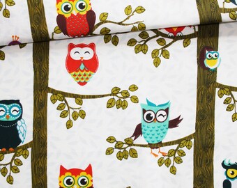 Coupon Tissu Coton Chouettes Et Hiboux - Motif Oiseaux Bleu - Dimensions 52 X 77 Cm - Neuf Origine France