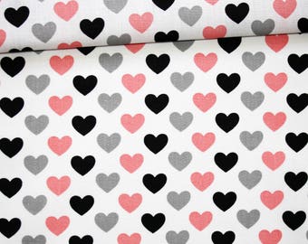 Fabric hearts, 100% cotton 50 x 160 cm, hearts, black, gray, pink on bottom