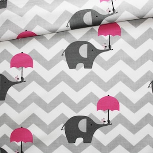 Gray elephant fabric with pink umbrella on gray and white chevrons in oeko tex printed cotton