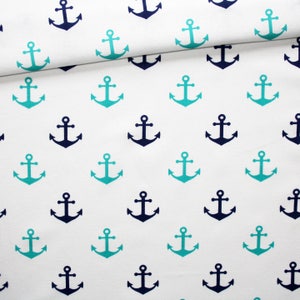 Fabric anchors turquoise and navy blue on white background in printed cotton oeko tex