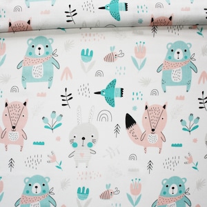 Bear fabric squirrel rabbit colors pastelles on white background in cotton printed oeko tex