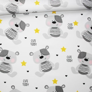 Grey cubs fabric and yellow stars on a white cotton background printed oeko tex