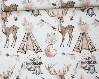 Fox fabric girl raccoon deer teepee in cotton printed PREMIUM oeko tex white background