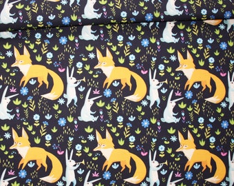 Fox and rabbit fabric printed premium oeko tex dark blue background