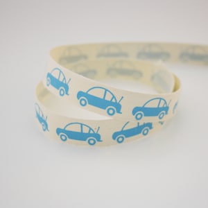 Ruban voiture turquoise, 15 mm, 1 m , ruban  coton naturel imprimé