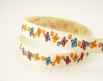 Nastro stampato nastro farfalle, 15 mm, 1 m cotone, cotone naturale