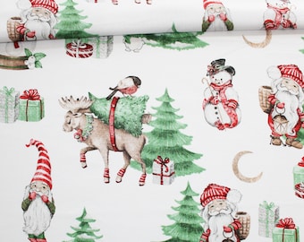 Tissu lutins de Noël et Père Noël en coton imprimé oeko tex GRAND MOTIF