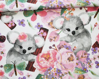 Tissu koalas et fleurs sur un fond blanc en coton imprimé oeko tex