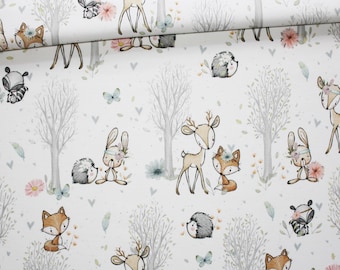 Stof met bosdierenprint voor meisjes, premium Oeko-Tex gecertificeerd katoen, witte achtergrond