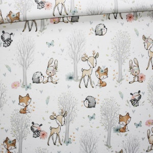 Fabric animals of the forest version girl in cotton printed PREMIUM oeko tex white background