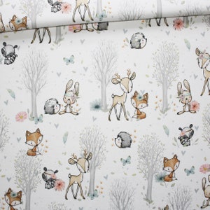 Tissu animaux de la forêt version fille en coton imprimé PREMIUM oeko tex fond blanc