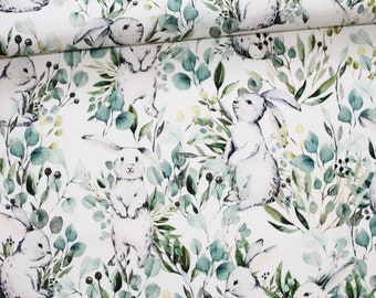 Fabric rabbits and green sheets printed cotton PREMIUM oeko tex white background