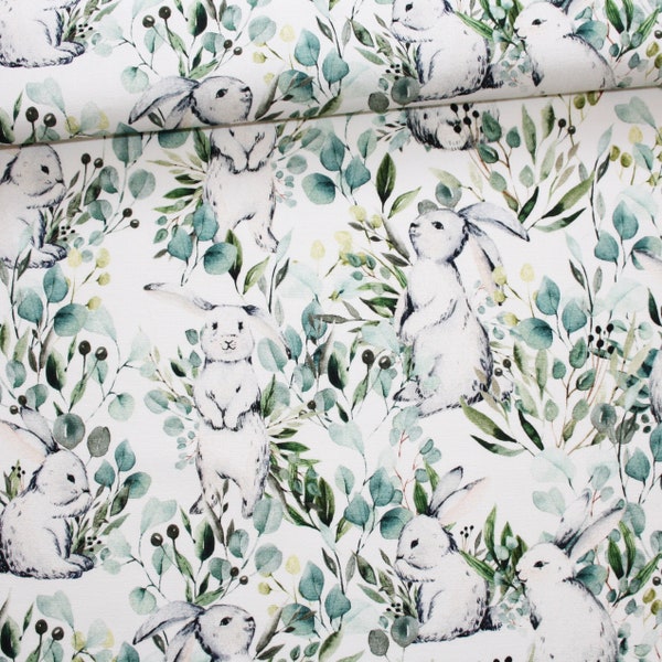 Tissu lapins et feuilles vertes en coton imprimé PREMIUM oeko tex fond blanc