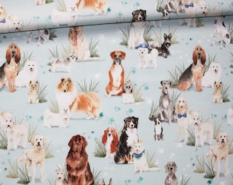 Dogs fabric on a pastel turquoise background in PREMIUM oeko tex printed cotton