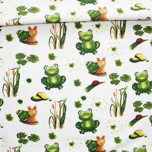 Frogs and snails fabric on a white background in printed cotton oeko tex