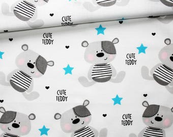 Teddy bear and star fabric in cotton printed oeko tex gray turquoise and white