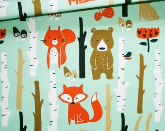 Animal fabric from the forest on green background Mint printed cotton certified oeko tex