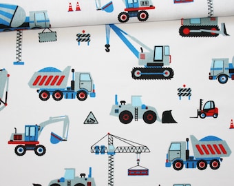 Fabric construction trucks on a white background in cotton printed oeko tex