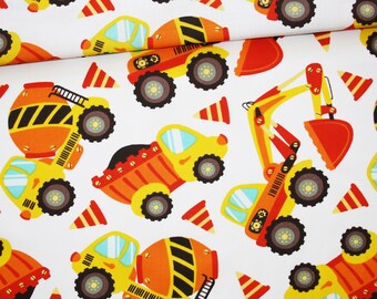 Yellow and orange construction machinery fabric on a white background in printed cotton oeko tex