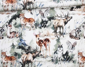 Tissu animaux dans une forêt d'automne en coton imprimé PREMIUM oeko-tex fond blanc