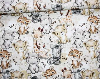 Tissu bébés animaux de la savane 2 versions en coton imprimé PREMIUM oeko tex fond blanc