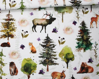 PREMIUM oeko tex printed cotton forest animals and trees fabric white background