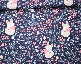 Tissu renards et fleurs en coton imprimé PREMIUM oeko tex fond bleu marine
