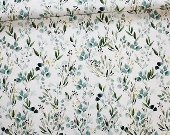 Green leaves printed cotton fabric PREMIUM oeko tex white background