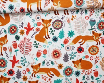 Fox fabric in a field of cotton flowers printed PREMIUM oeko-tex white background