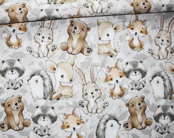 Tissu bébés animaux de la forêt en coton imprimé PREMIUM oeko tex fond blanc et beige