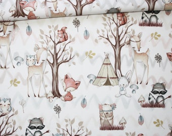 Tissu animaux de la forêt et chevrons pastels en coton imprimé PREMIUM oeko tex fond blanc