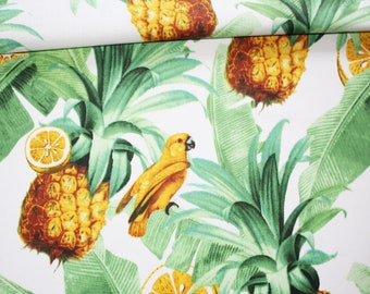 Tissu ananas et perroquet sur un fond blanc en coton imprimé oeko tex