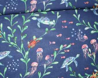 Underwater world fabric on a navy blue background in cotton printed oeko tex