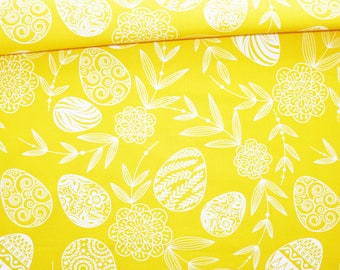 Tissu œufs de Pâques en coton imprimé oeko tex blanc et jaune soleil