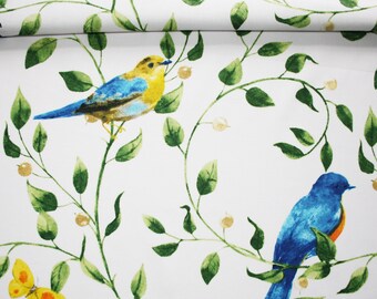 Tissu oiseaux de printemps sur un fond blanc en coton imprimé oeko tex