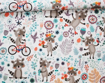 Raccoon fabric in a field of cotton flowers printed PREMIUM oeko-tex white background