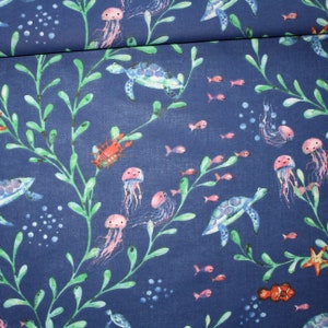 Underwater world fabric on a navy blue background in printed cotton oeko tex