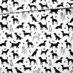 Black dog fabric on a white background in cotton printed oeko tex