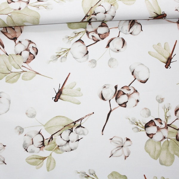 Tissu fleurs de coton et libellules sur un fond blanc en coton imprimé oeko tex GRAND MOTIF