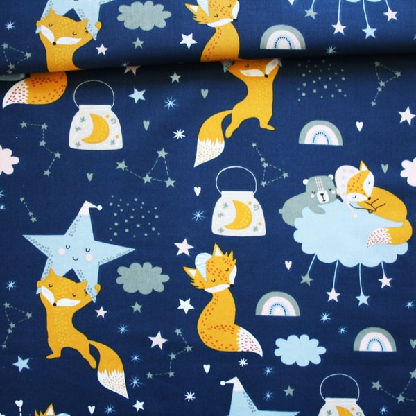 Fox and teddy bear fabric in cotton printed oeko tex orange pastel blue and navy blue