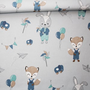 Fabric foxes rabbits balloons in cotton printed oeko tex gray background