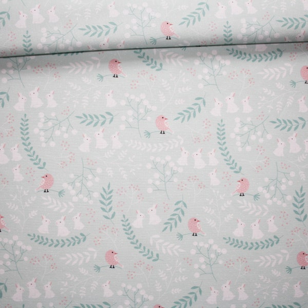 Tissu petits oiseaux et lapins en coton imprimé PREMIUM oeko tex fond vert menthe pastel