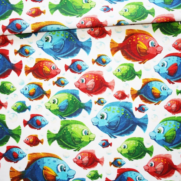 Tissu poissons colorés sur un fond blanc en coton imprimé oeko tex