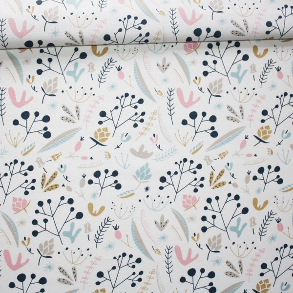 Tissu fleurs et feuilles couleurs pastelles sur un fond blanc en coton imprimé oeko tex