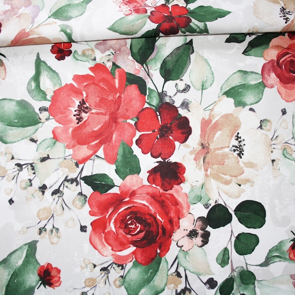 Tissu bouquets de rose sur un fond blanc 2 coloris en coton imprimé oeko tex GRAND MOTIF