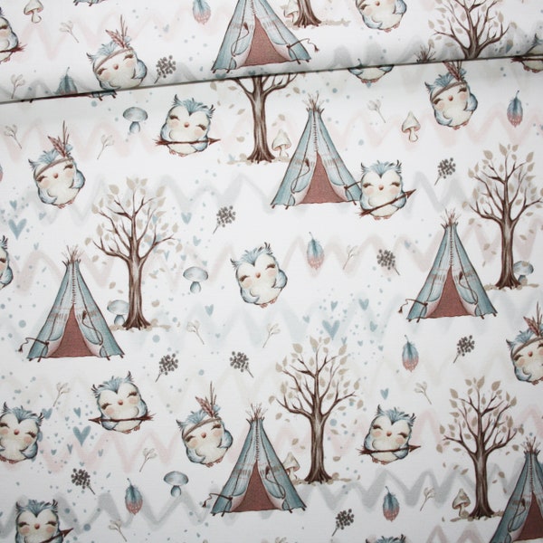 Tissu petites chouettes tipis chevron pastel en coton imprimé PREMIUM oeko tex fond blanc